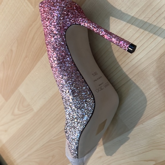 JIMMY CHOO ROMY 100  Platinum and Flamingo Ice Glitter Dégradé Fabric Pointy Toe - Picture 5 of 7
